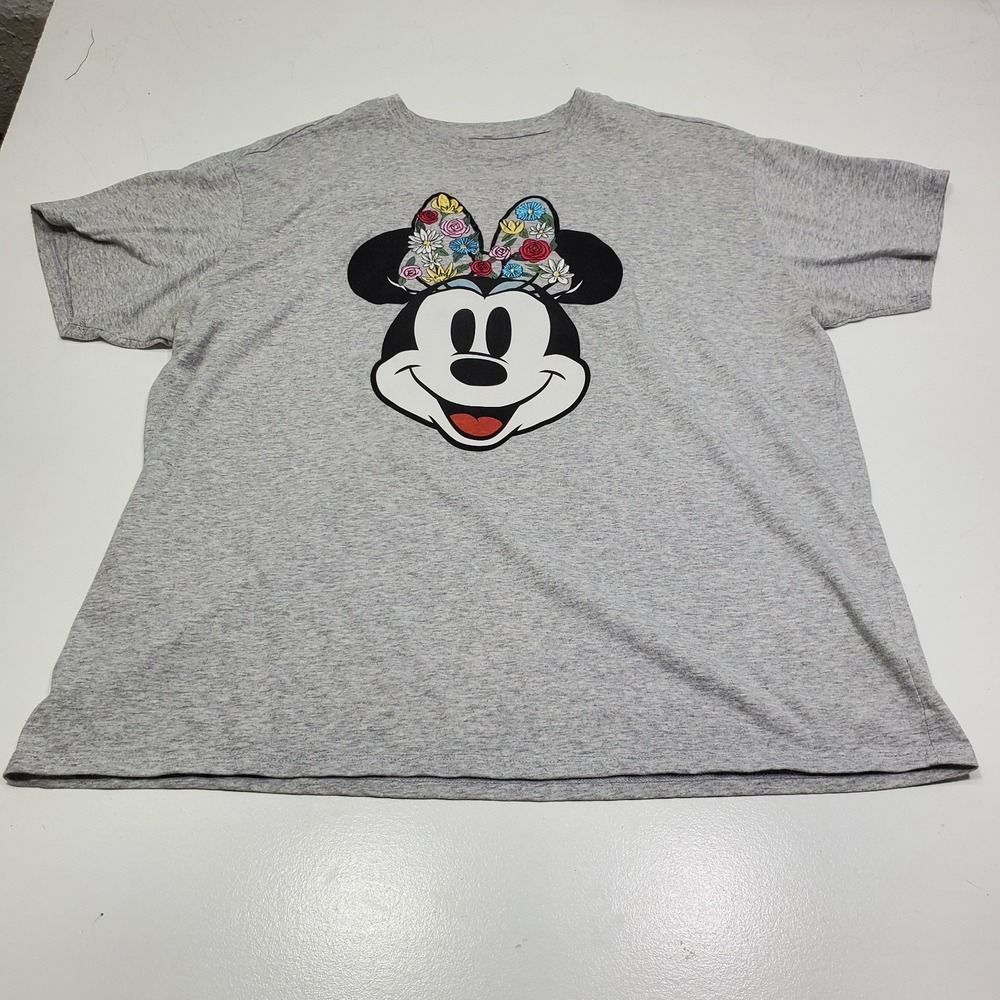Disney Minnie Mouse Women T-Shirt Plus 2X Gray Floral Graphic Embroidered Bow